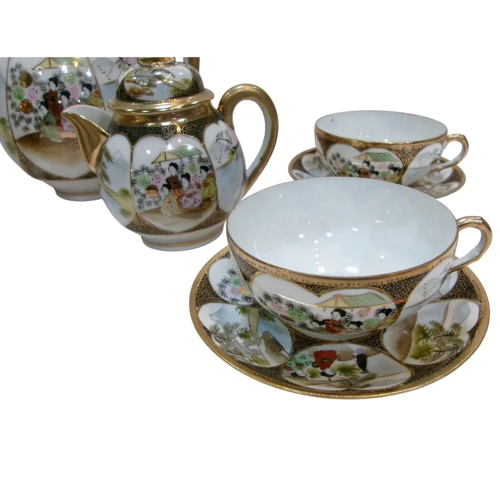 Vintage Japanese Satsuma Kutani Style Moriage Tea Set Geisha Hand Painted Gilt